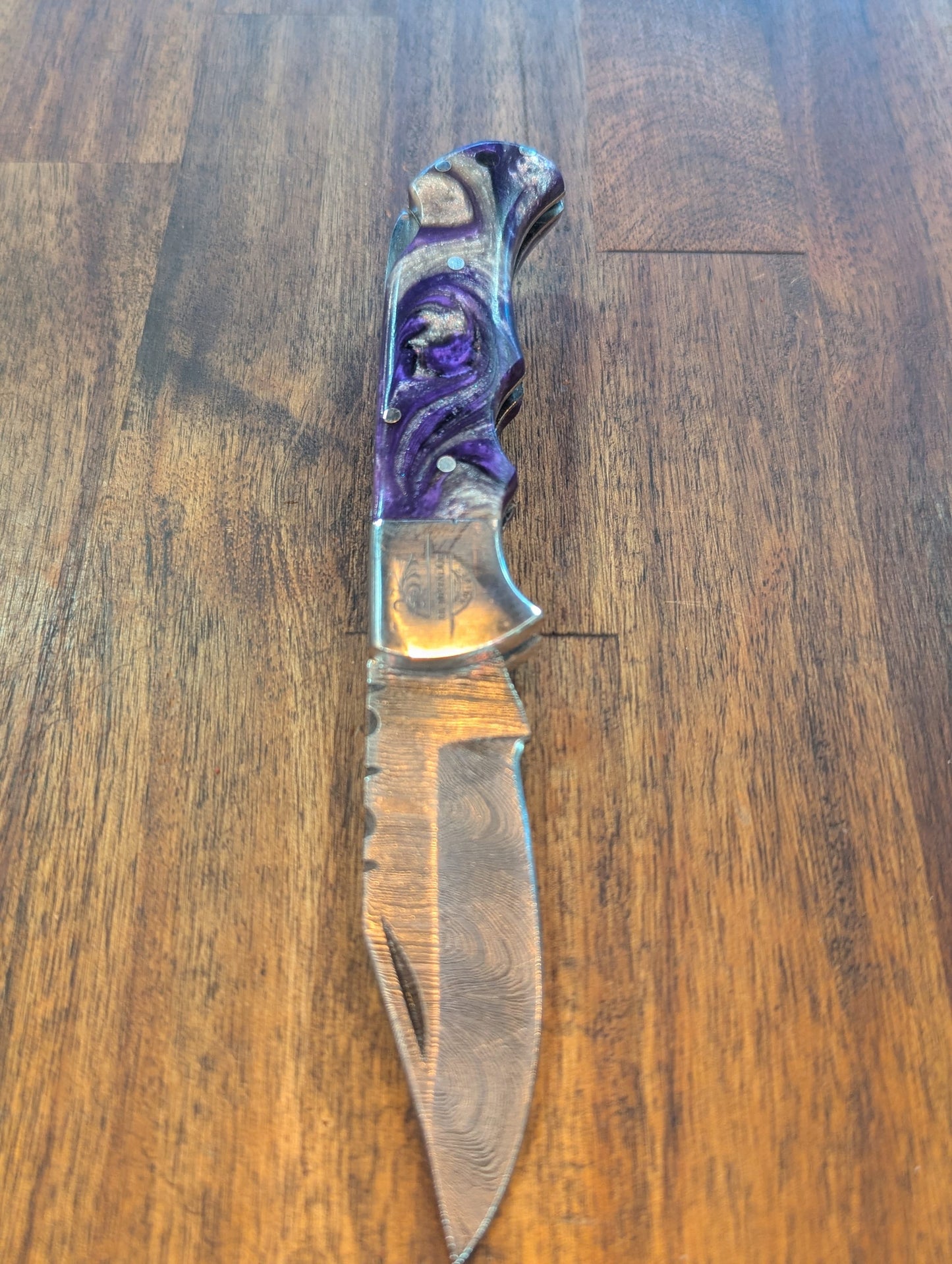 El Matador Knives Damascus Pocket Knife Purple and Silver Swirl Resin Damascus Pocket Knife