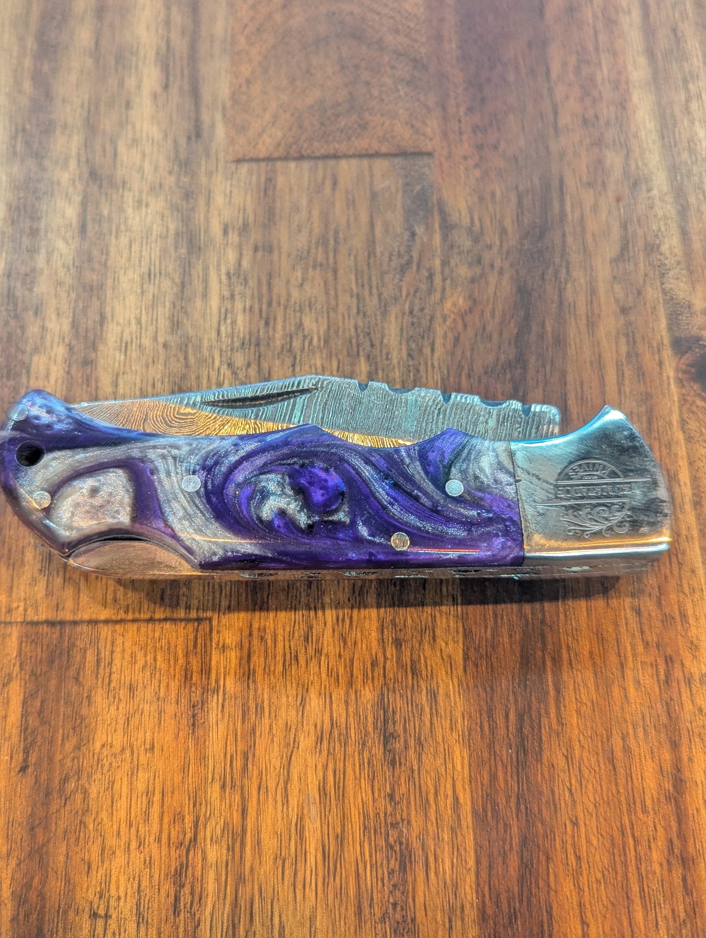El Matador Knives Damascus Pocket Knife Purple and Silver Swirl Resin Damascus Pocket Knife