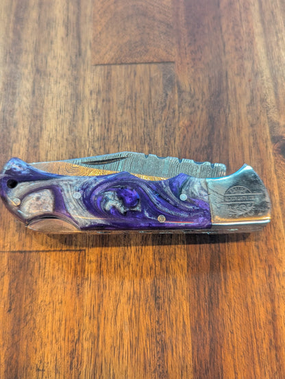 El Matador Knives Damascus Pocket Knife Purple and Silver Swirl Resin Damascus Pocket Knife