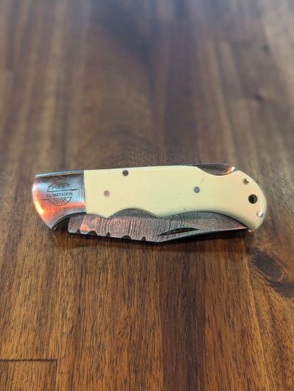 El Matador Knives Damascus Pocket Knife White Resin Damascus Pocket Knife