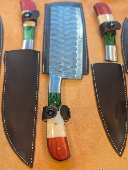 El Matador Knives Kitchen Knife Set Green/White/Red Resin Handle 5 pc Damascus Knife Set - Flag of Mexico Inspired Design