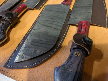 El Matador Knives Kitchen Knife Set Red/Black Handle 5 Peice Damascus Knife Roll