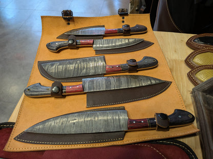 El Matador Knives Kitchen Knife Set Red/Black Handle 5 Peice Damascus Knife Roll