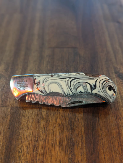 El Matador Knives Pocket Knife Black and White Swirl Resin Pocket Knife
