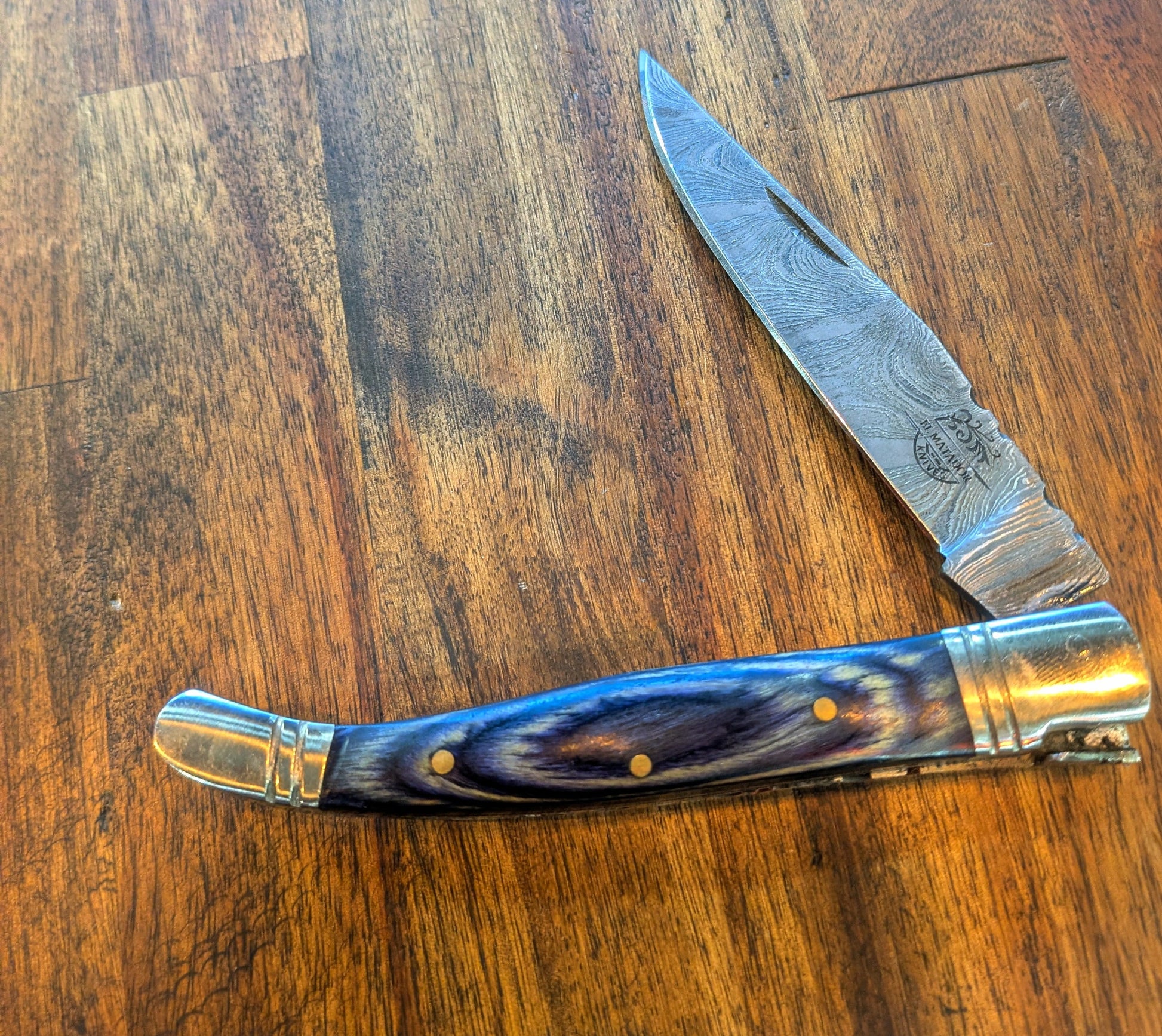 El Matador Knives Pocket Knife Blue long slim Damascus Pocket Knife