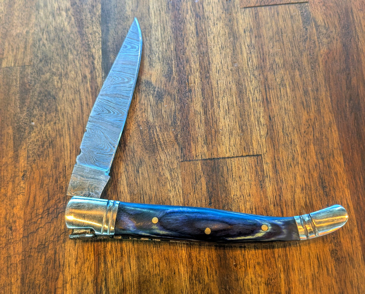 El Matador Knives Pocket Knife Blue long slim Damascus Pocket Knife