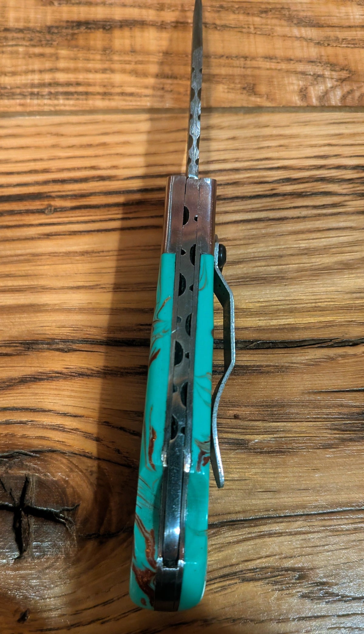 El Matador Knives Pocket Knife Green/blue/red resin swirl handle Damascus Pocket Knife