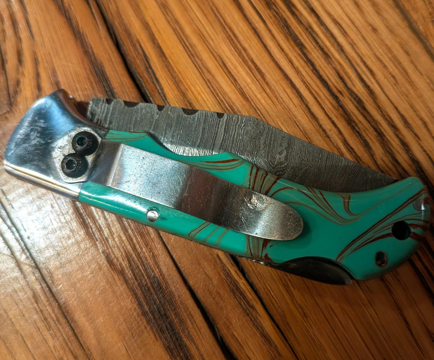 El Matador Knives Pocket Knife Green/blue/red resin swirl handle Damascus Pocket Knife