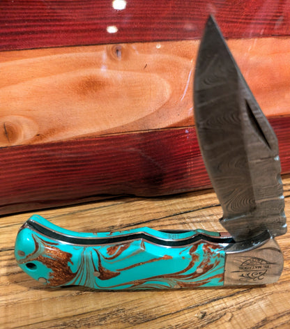 El Matador Knives Pocket Knife Green/blue/red resin swirl handle Damascus Pocket Knife
