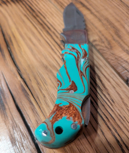 El Matador Knives Pocket Knife Green/blue/red resin swirl handle Damascus Pocket Knife