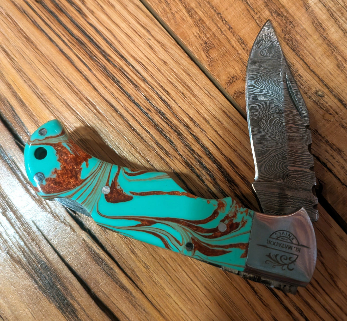 El Matador Knives Pocket Knife Green/blue/red resin swirl handle Damascus Pocket Knife