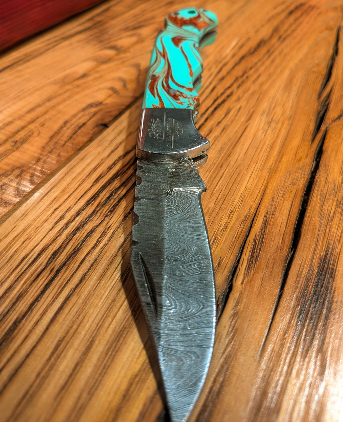 El Matador Knives Pocket Knife Green/blue/red resin swirl handle Damascus Pocket Knife