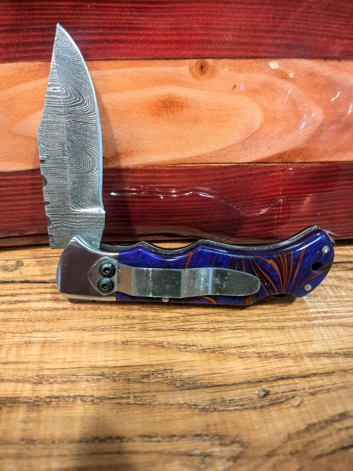 El Matador Knives Pocket Knife Purple/Orange resin swirl handle Damascus Pocket Knife