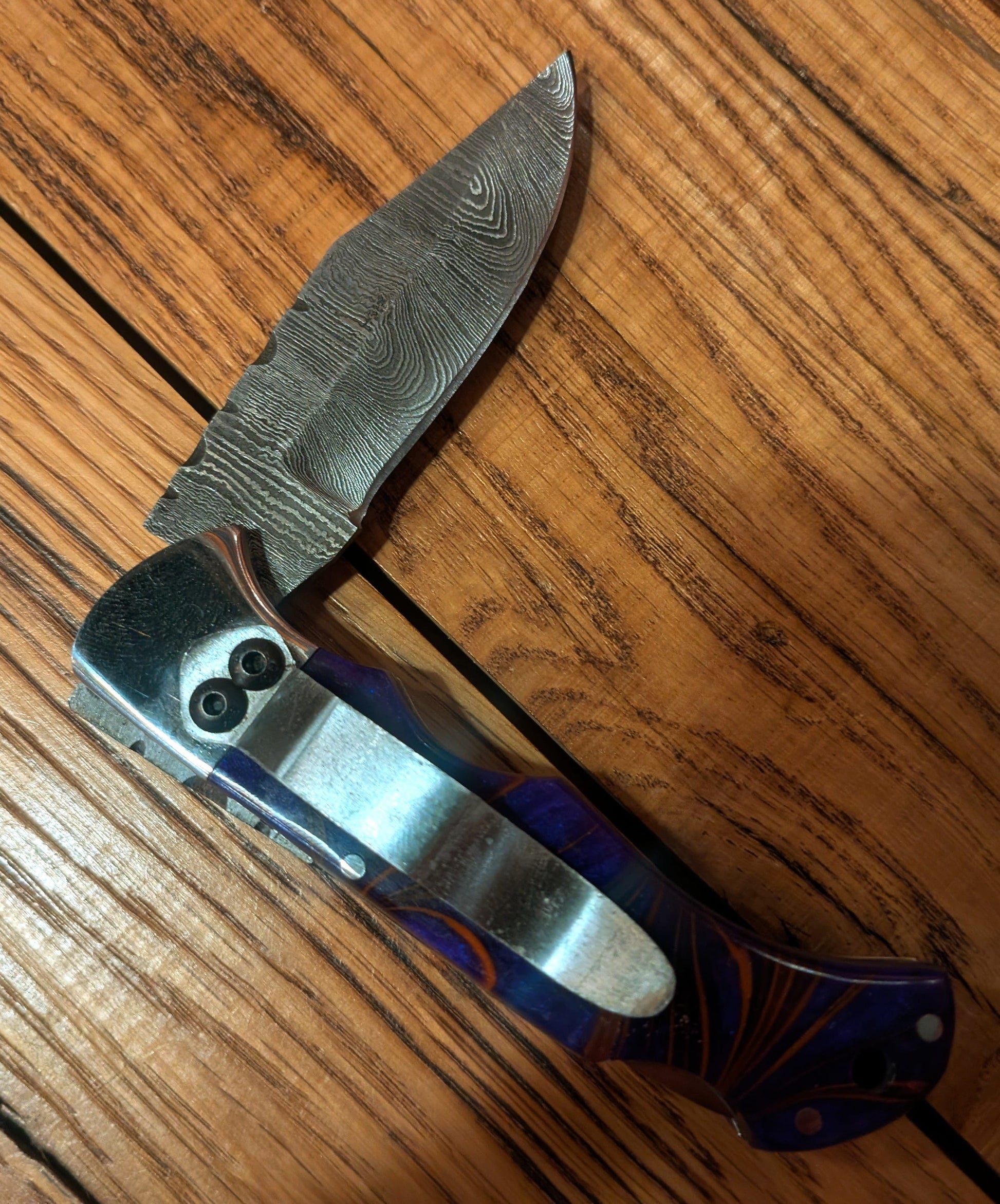 El Matador Knives Pocket Knife Purple/Orange resin swirl handle Damascus Pocket Knife