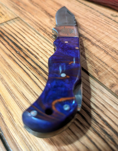 El Matador Knives Pocket Knife Purple/Orange resin swirl handle Damascus Pocket Knife