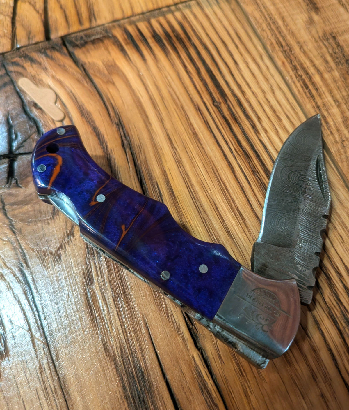 El Matador Knives Pocket Knife Purple/Orange resin swirl handle Damascus Pocket Knife