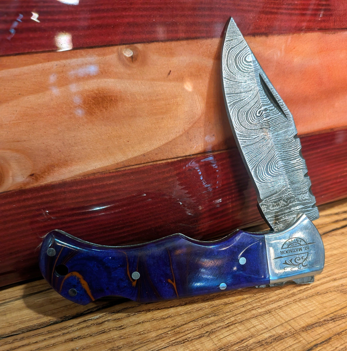 El Matador Knives Pocket Knife Purple/Orange resin swirl handle Damascus Pocket Knife