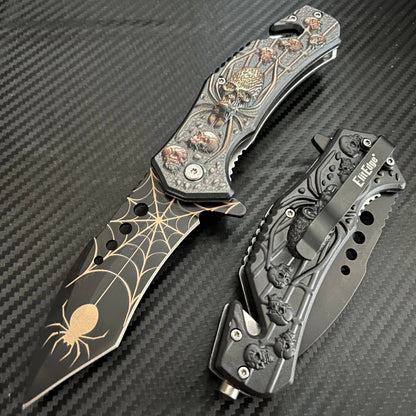 bladedeal usa - ElitEdge 8.5” Black Spider Tactical Spring Assisted Open Blade Folding Pocket Knife Cool Knife Cute Knife Hunting Knife