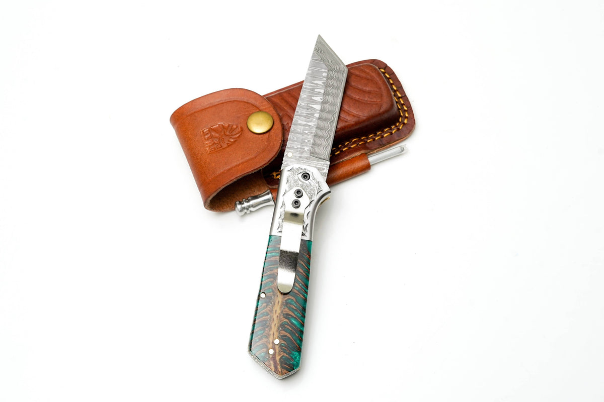 Titan International - Damascus Steel Tanto Folding Knife | Engraved Bolster