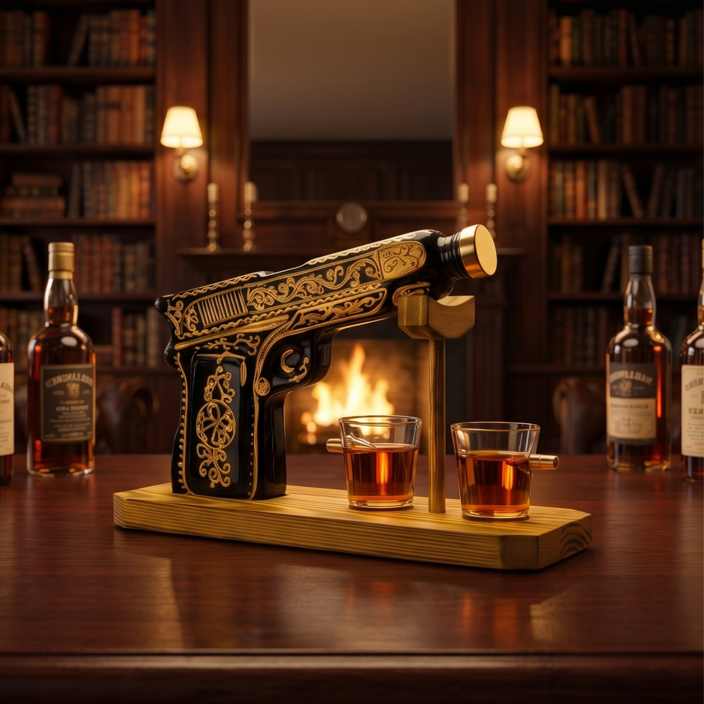 Glass Hand Painted Pistol Gun Decanter & Shot Glasses Set