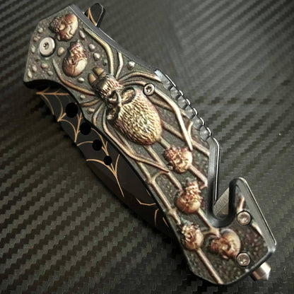 bladedeal usa - ElitEdge 8.5” Black Spider Tactical Spring Assisted Open Blade Folding Pocket Knife Cool Knife Cute Knife Hunting Knife