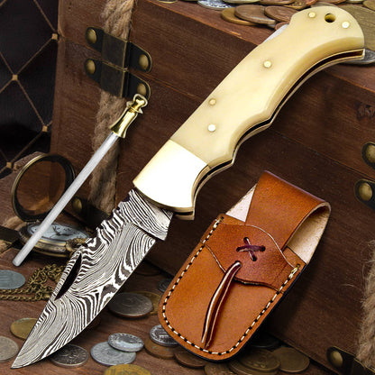FH KNIVES FH KNIVES - 6.5' Handmade damascus folding knife, Pocket Knife