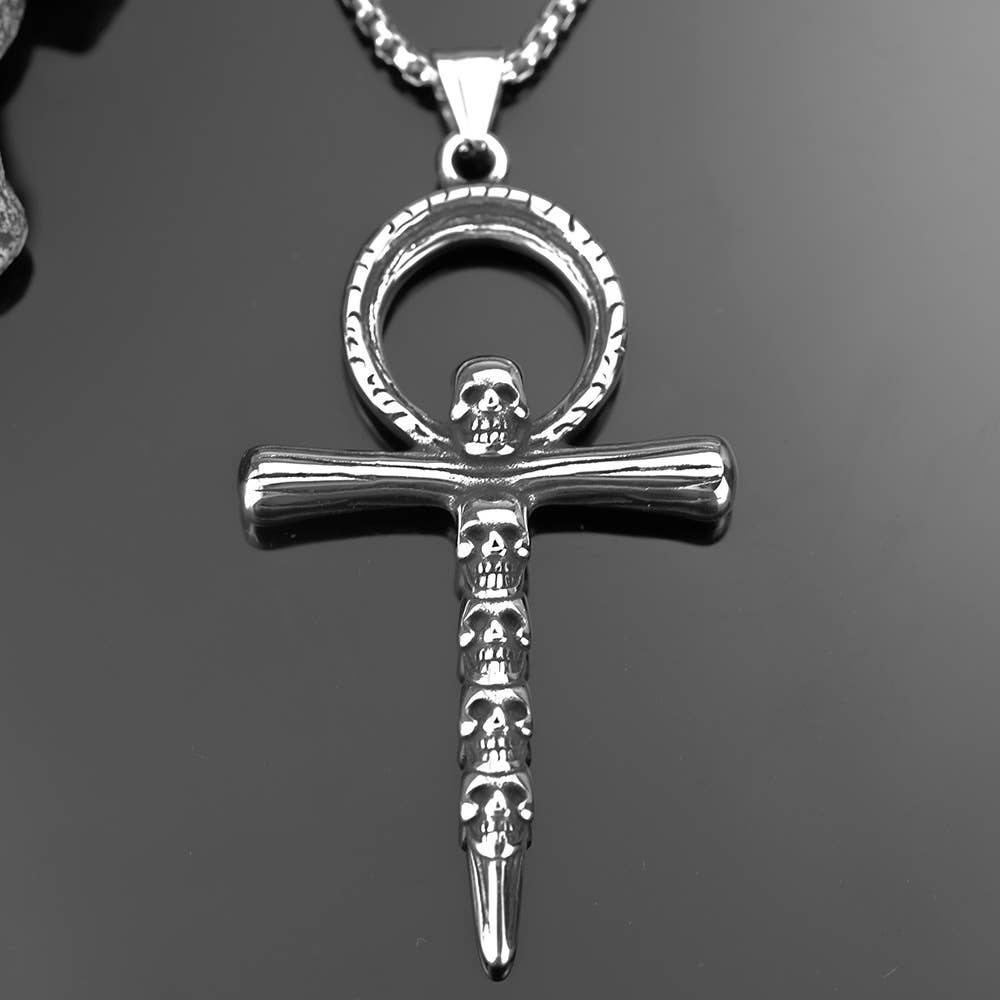Gemcohub Necklace Vintage Men's Ankh Skull Cross Pendant Necklace