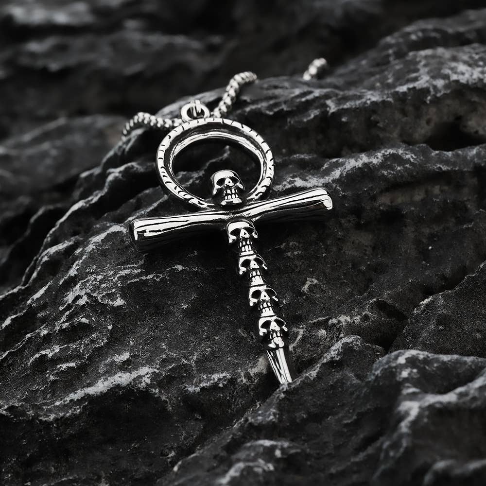 Gemcohub Necklace Vintage Men's Ankh Skull Cross Pendant Necklace