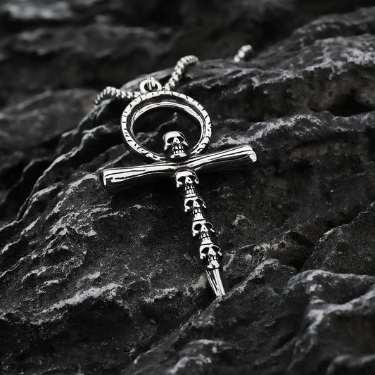 Gemcohub Necklace Vintage Men's Ankh Skull Cross Pendant Necklace