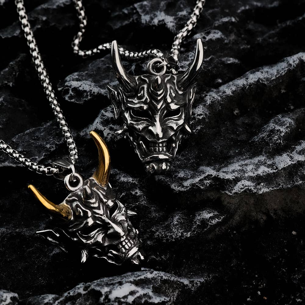 Gemcohub Necklace Vintage Stainless Steel Men's Japanese Hannya Mask Necklace: Yellow Gold