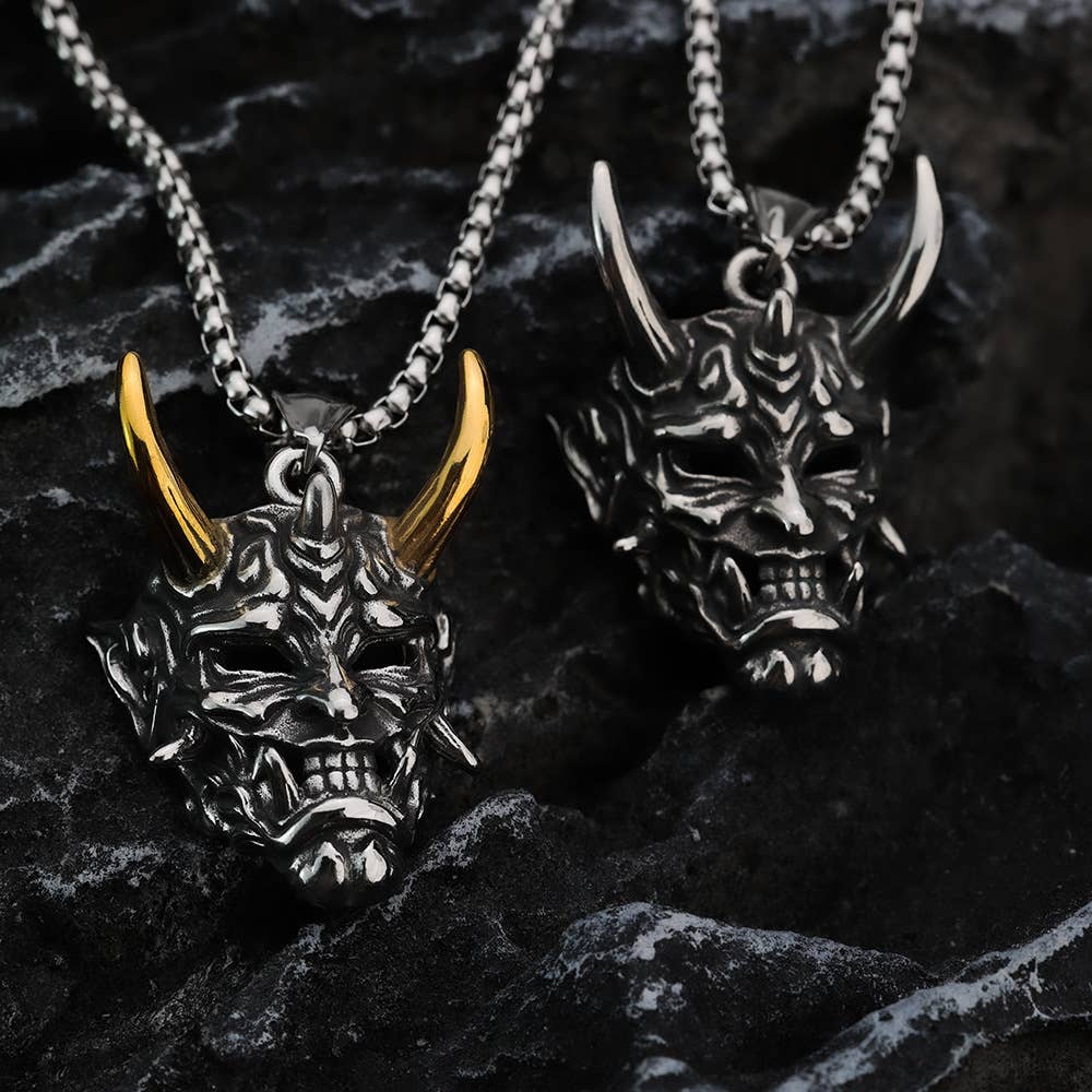 Gemcohub Necklace Vintage Stainless Steel Men's Japanese Hannya Mask Necklace: Yellow Gold