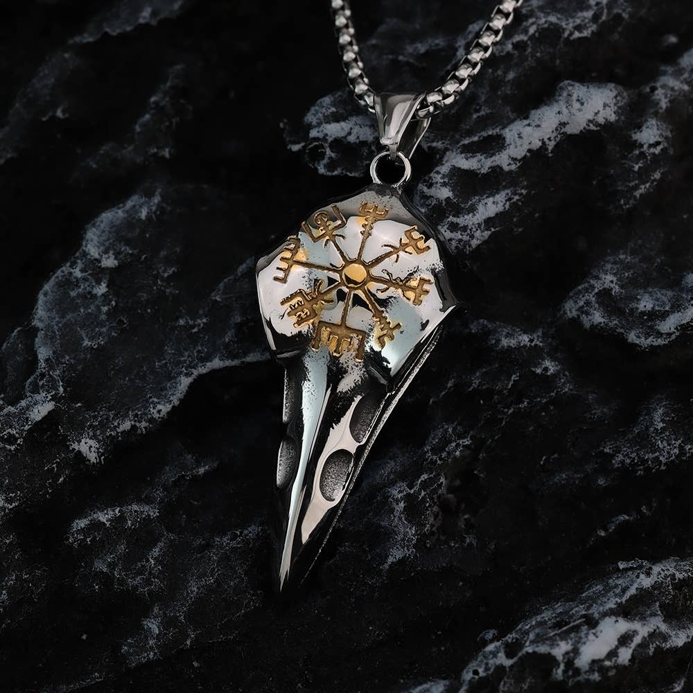 Gemcohub Necklace Vintage Viking Raven Head Compass Necklace: Silver