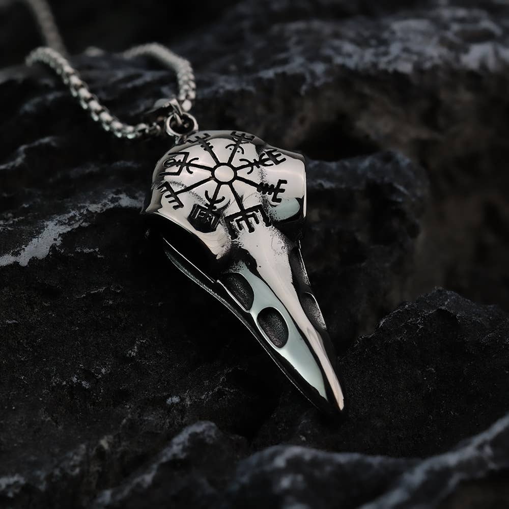 Gemcohub Necklace Vintage Viking Raven Head Compass Necklace: Silver