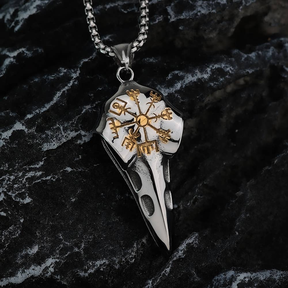 Gemcohub Necklace Vintage Viking Raven Head Compass Necklace: Silver
