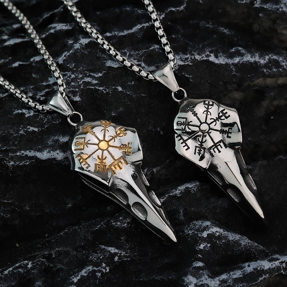 Gemcohub Necklace Vintage Viking Raven Head Compass Necklace: Silver