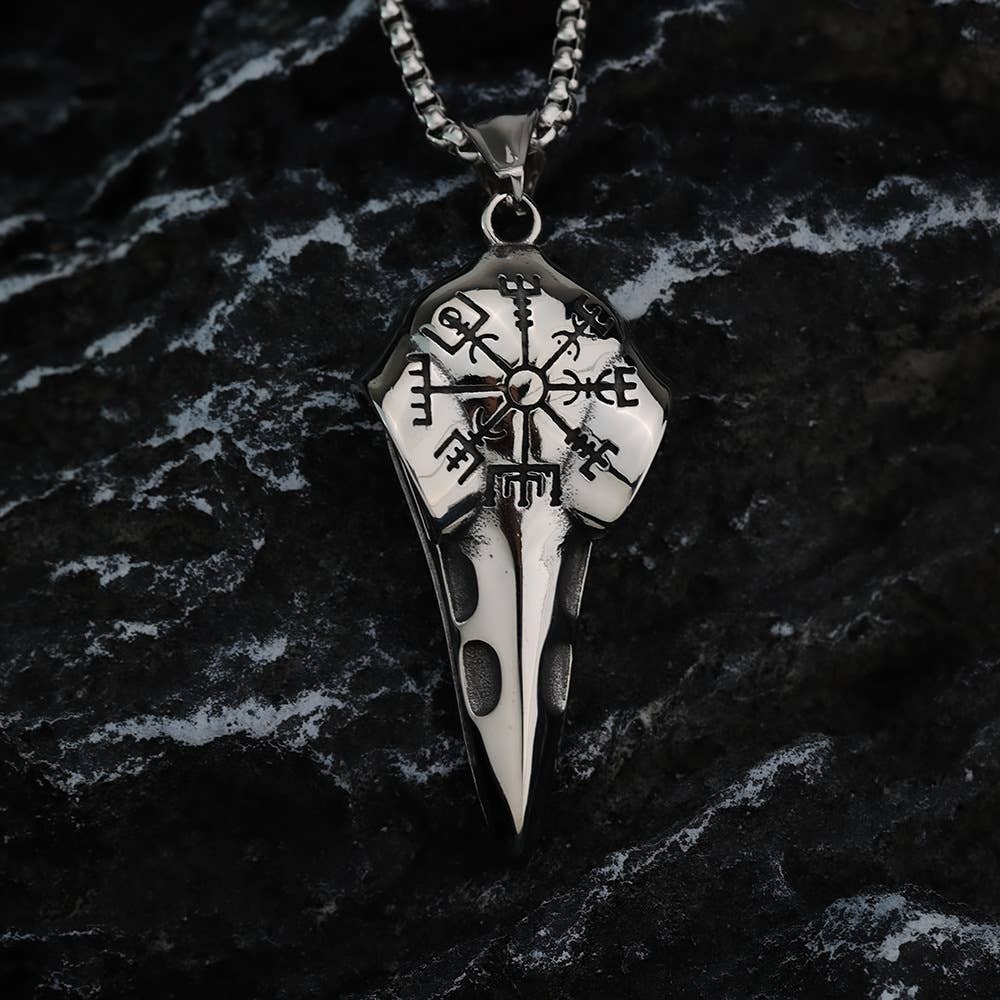 Gemcohub Necklace Vintage Viking Raven Head Compass Necklace: Silver
