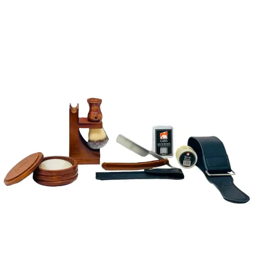 GENTS FINE GROOMING PRODUCTS GENTS FINE GROOMING PRODUCTS - G.B.S Complete Men’s Wood Shaving Set - Straight Razor 6/8"