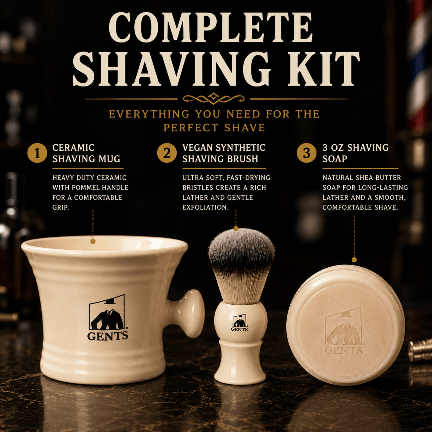 GENTS FINE GROOMING PRODUCTS GENTS FINE GROOMING PRODUCTS - GBS 3 Piece  Mug, brush and Shaving soap Set: Ivory