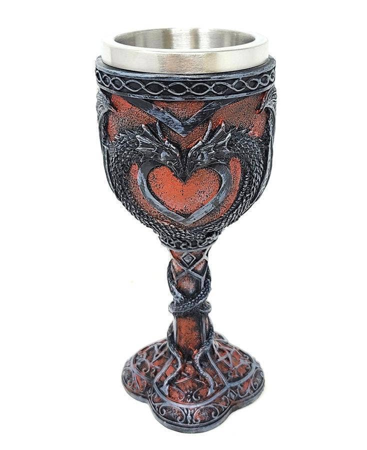 GREENROOTS USA LLC GREENROOTS USA LLC - Medieval Double Dragon Heart Goblet 7.5"H W/ Stainless Steel