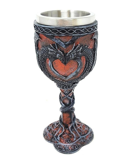 GREENROOTS USA LLC GREENROOTS USA LLC - Medieval Double Dragon Heart Goblet 7.5"H W/ Stainless Steel
