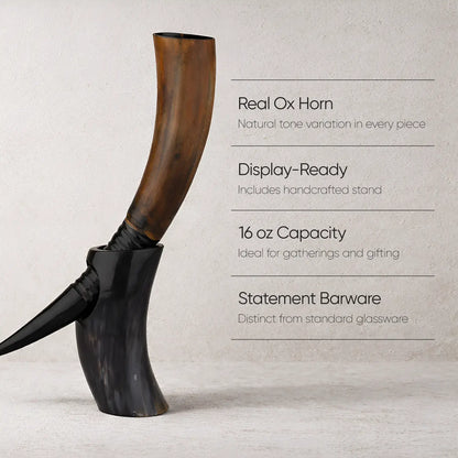 Handicrafts Home Handicrafts Home - Real Ox Horn Drinking Horn with Stand 16 oz Beer Mug Gift