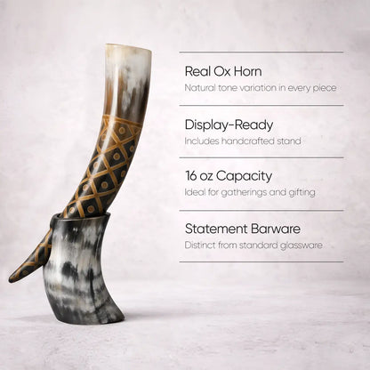 Handicrafts Home Handicrafts Home - Real Ox Horn Drinking Horn with Stand 16 oz Beer Mug Gift