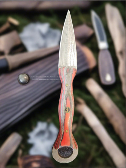 Man Up Damascus Dagger with red and gray wood handle.