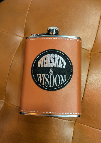Man Up Flask Whiskey and Wisdom - Cognac Flask - Black patch silver engraving