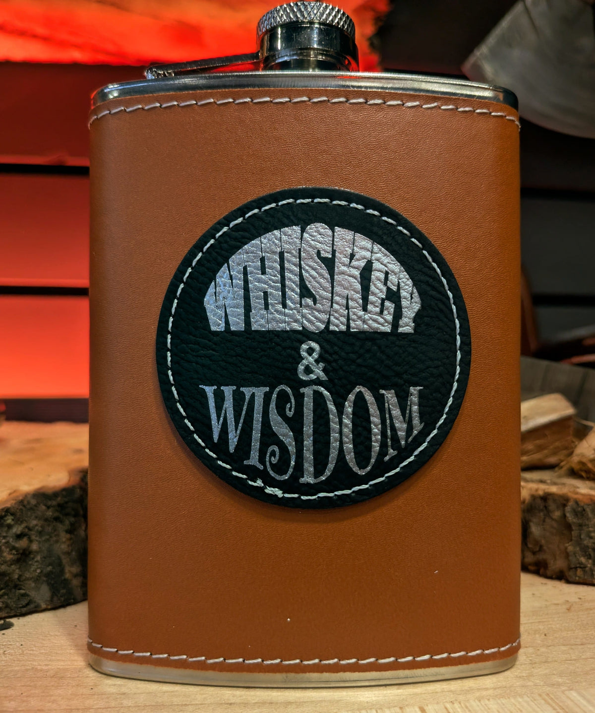 Man Up Flask Whiskey and Wisdom - Cognac Flask - Black patch silver engraving
