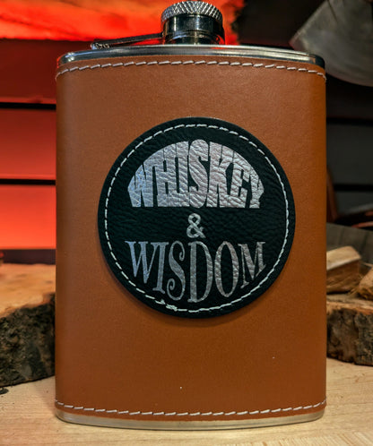 Man Up Flask Whiskey and Wisdom - Cognac Flask - Black patch silver engraving