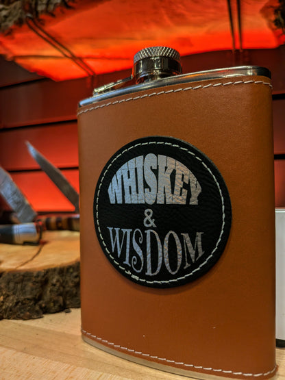 Man Up Flask Whiskey and Wisdom - Cognac Flask - Black patch silver engraving