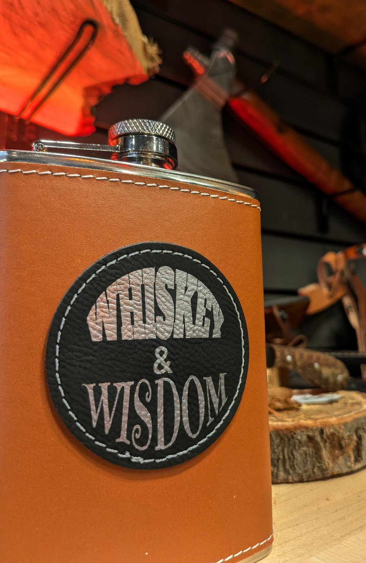 Man Up Flask Whiskey and Wisdom - Cognac Flask - Black patch silver engraving