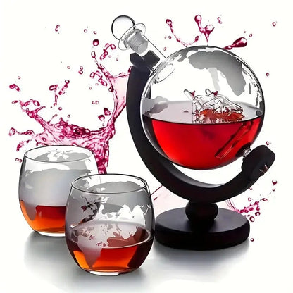 Man Up Whiskey Decatnor Etched Globe Decanter and 2 Glasses