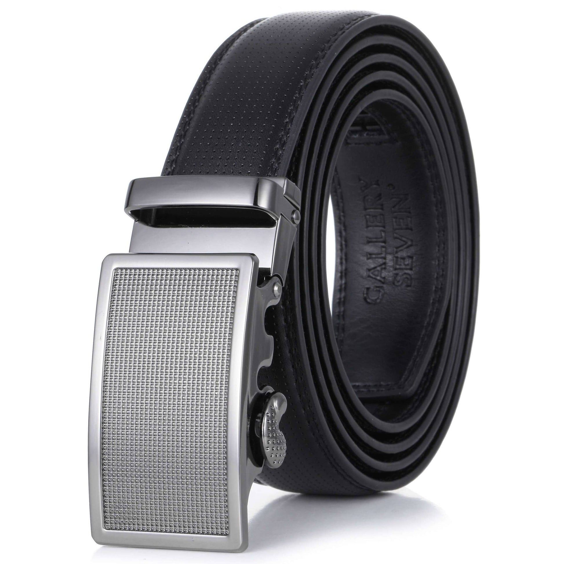 Mio Marino Mio Marino - Beveled Plaque Leather Ratchet  Belt: Obsidian / Adjustable from 28" to 44" Waist
